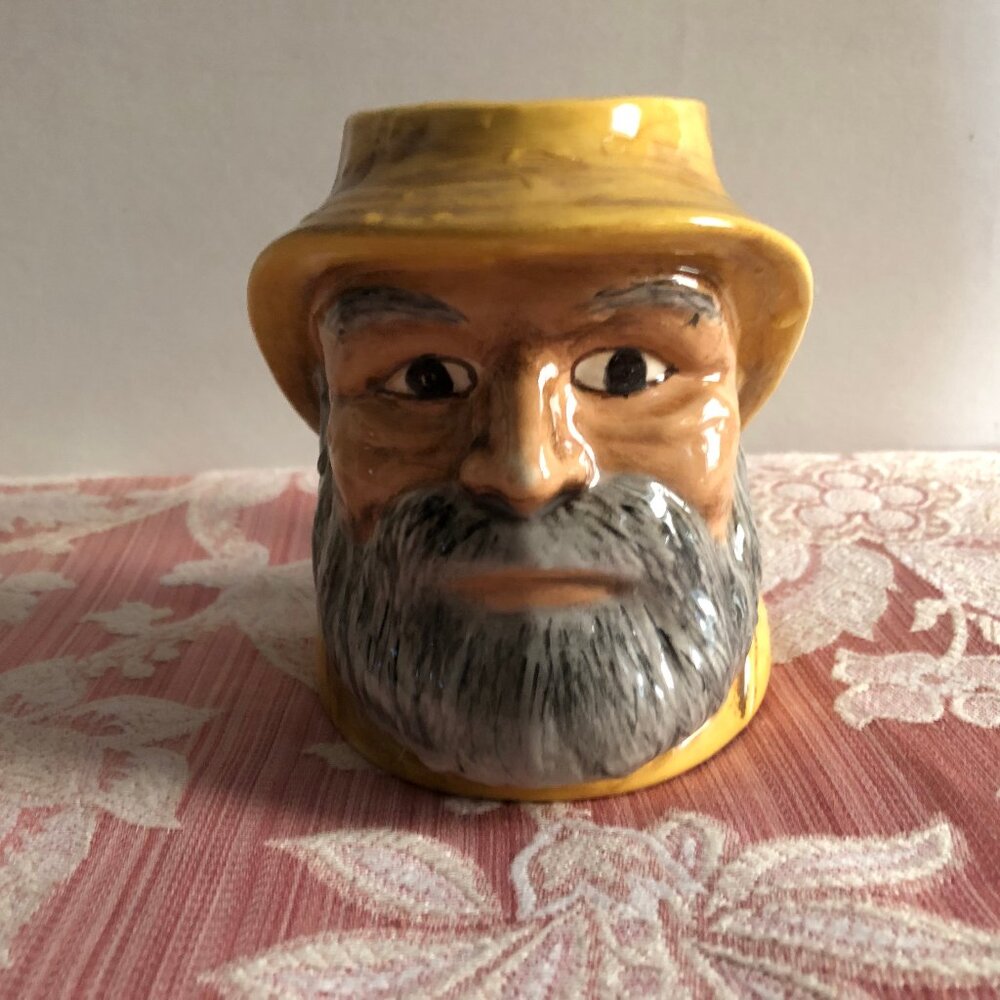 vintage ceramic mug man face head hat fish handle signed 4.5" tall